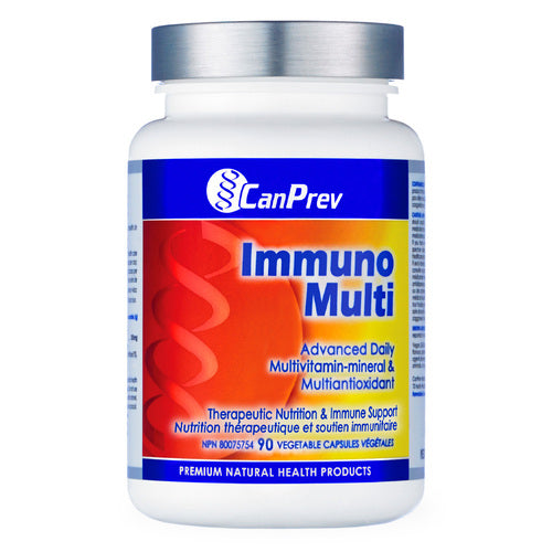 مكمل CanPrev Immuno Multi للصحة المناعية مع فيتامينات A وC وD وE وK، بالإضافة إلى الكركم والريسفيراترول للحماية المضادة للأكسدة.