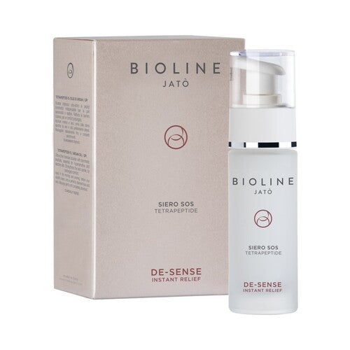 Bioline SOS セラム テトラペプチドのボトルとパッケージは、敏感肌のケアと水分補給のためのアルガン オイルとペプチドを使用した心地よいフェイス トリートメントです。