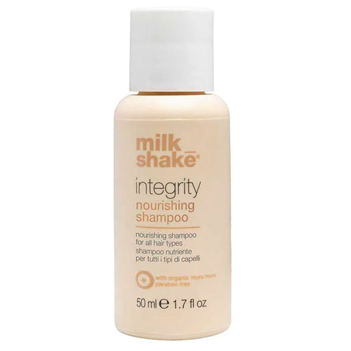 健康で栄養のある髪のための、milk_shake インテグリティ シャンプー 50ml。ムルムルバターを配合したオーガニック処方で、毎日のヘアケアとカラー保護に最適です。
