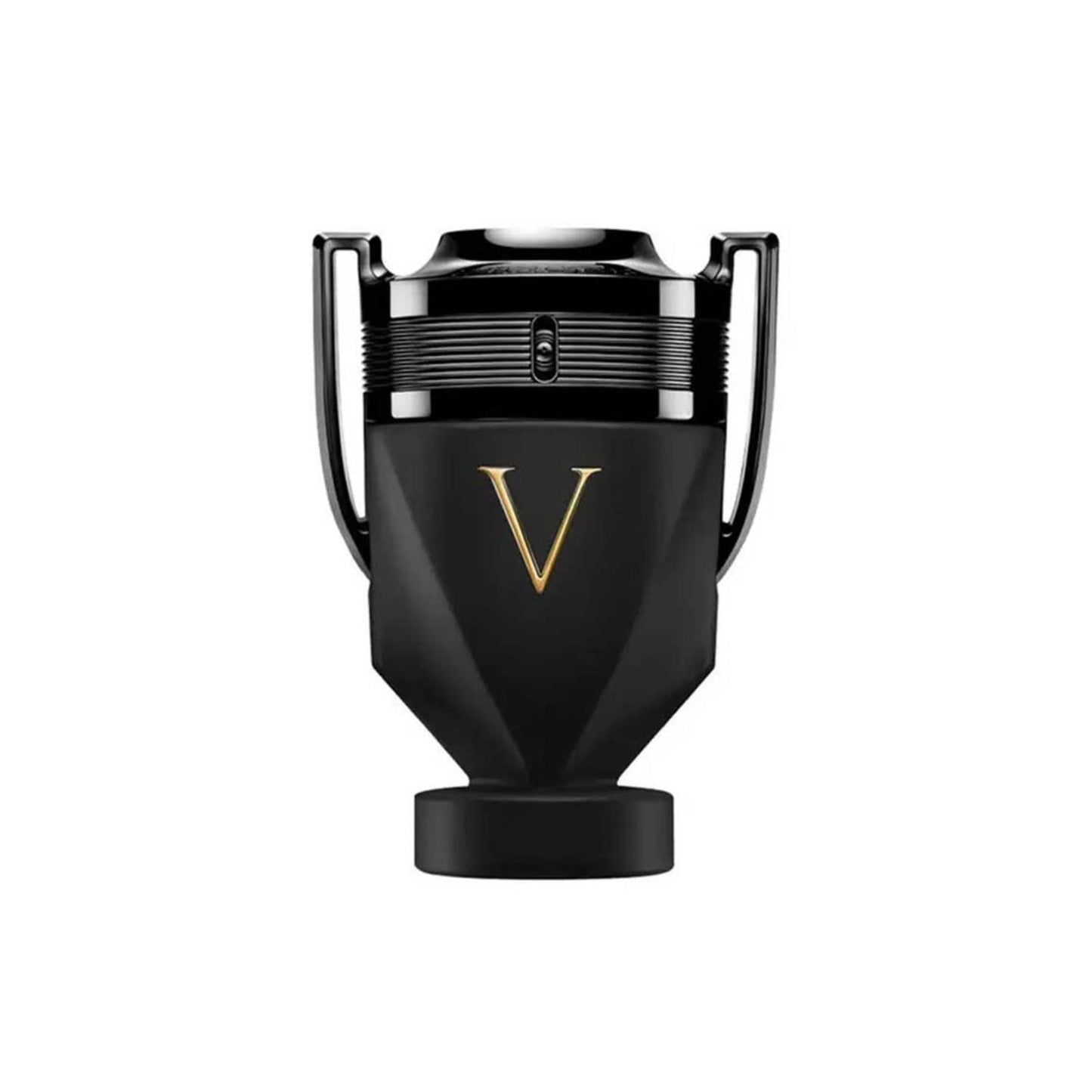 عطر باكو رابان إنفيكتوس فيكتوري للرجال في زجاجة سوداء غير لامعة على شكل كأس مع شعار "V" ذهبي، يرمز إلى القوة والكثافة.