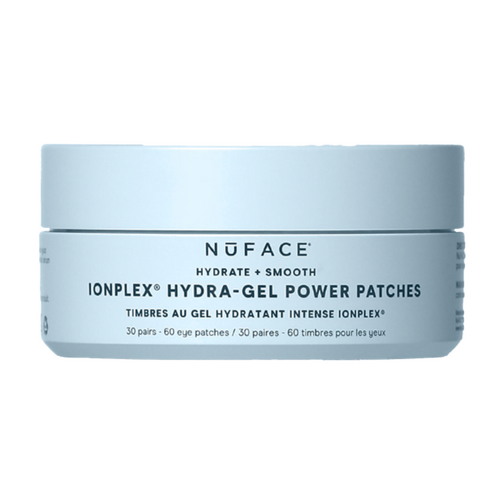 Paistí Cumhachta Hydra-Gel NuFace IonPlex, 30 péire i bpróca éadrom gorm. Deartha chun hydrate agus brighten faoi limistéar súl le maignéisiam agus rós.