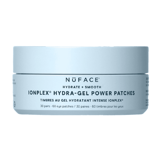 NuFace IonPlex Patches - Hydration under ögonen i en elegant blå behållare. Innehåller 30 par elektrolyt-infunderade gelplåster för hudvård.