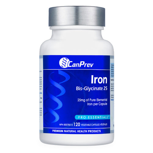 Supplément vitaminique CanPrev Iron Bis-Glycinate 25 en emballage bleu et blanc, conçu pour prévenir la carence en fer avec 120 gélules par flacon.