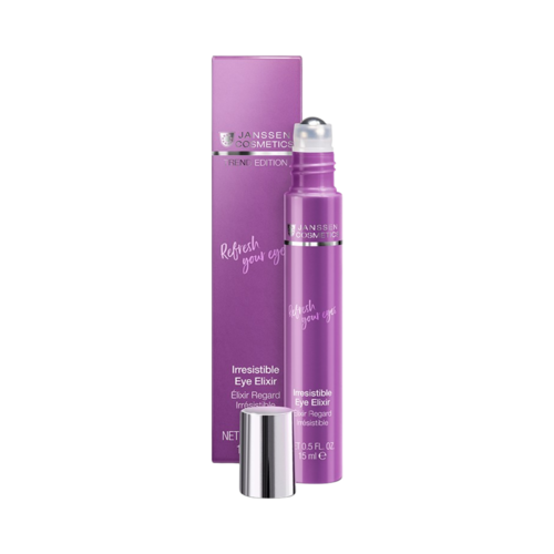 أداة توزيع المكياج الدوارة Irresistible Eye Elixir من Janssen Cosmetics مع علبة، مثالية لعلاج الانتفاخ تحت العين وتفتيح البشرة المتعبة.