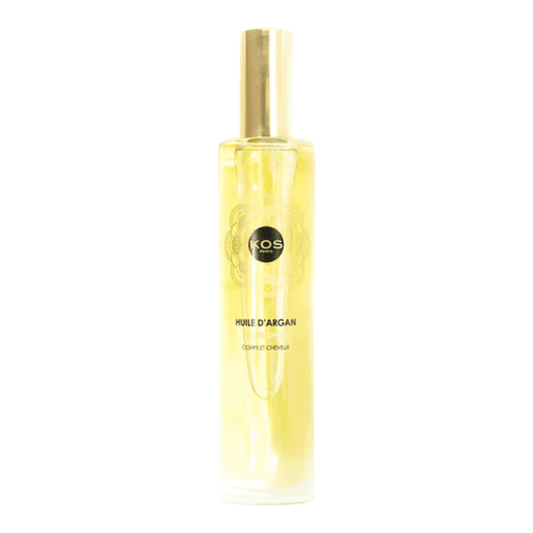 Kos Paris Argan Oil - Island Flowers i en elegant glassflaske med gullhette, ideell for dyp hydrering og hudnæring.