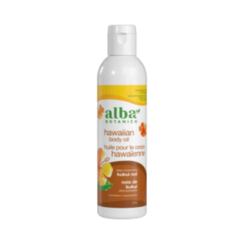 アルバ ボタニカ ククイ ナッツ ボディ オイル フォー シルキー スキンは、白と茶色のボトルに入った保湿ボディ オイルで、滑らかで潤いのある肌のためにデザインされています。