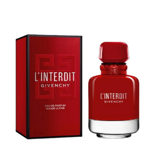 عطر جيفنشي L'Interdit Rouge Ultime EDP - عطر Daring Femininity المعبأ في زجاجة حمراء وعبوة، تجربة عطر نسائية متميزة.