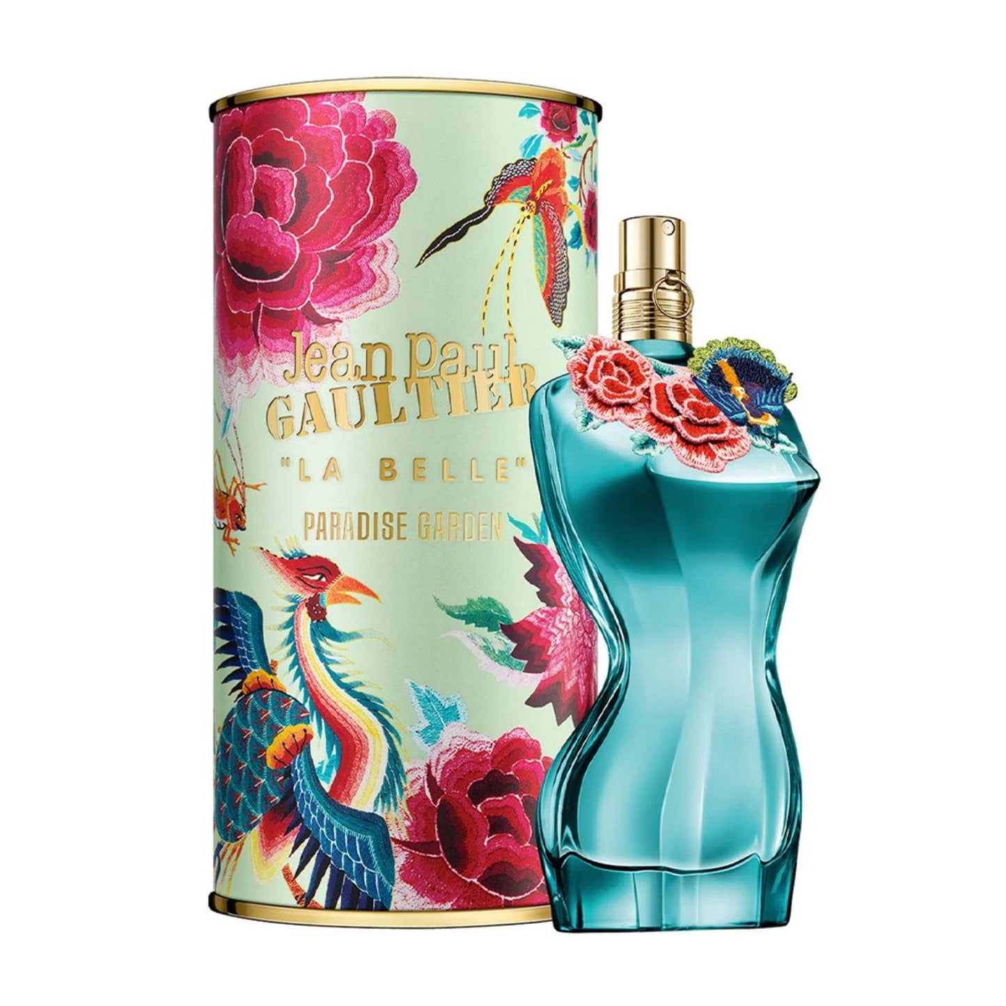 Jean Paul Gaultier La Belle Paradise Garden Eau de Parfum naisille turkoosissa, vartalon muotoisessa pullossa, jossa on kukkakoristeita ja eloisa pakkaus.