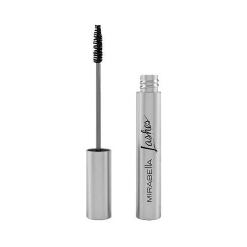 أنبوب فضي من ماسكارا Mirabella Lasting Lash Mascara مع عصا منحنية، مثالي لتحديد ورفع الرموش مع قوة مقاومة للماء.