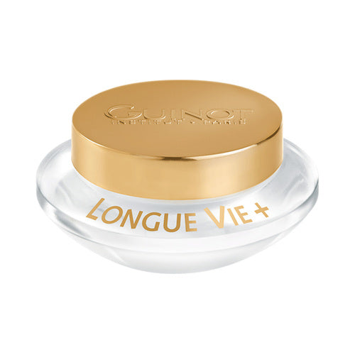 Guinot Longue Vie+ Anti-Aging Cream i elegant innpakning, perfekt for ungdommelig hudforyngelse og daglig fuktighetsgivende.