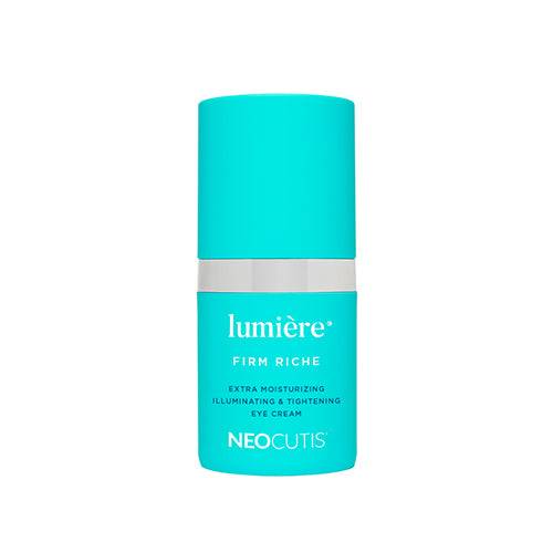 كريم العين NeoCutis Lumiere Firm Riche في زجاجة فيروزية لترطيب وشد البشرة تحت العين، مثالي للهالات السوداء والخطوط الدقيقة.