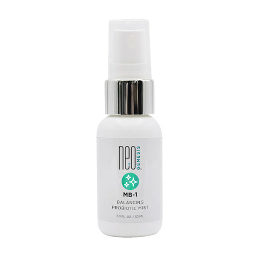 NeoGenesis MB-1 Balancing Probiotic Mist sprayflaske for ansiktshudpleie, med aktive bakteriekulturer for å støtte hudens mikrobiotabalanse.