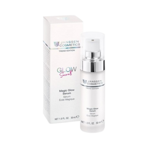 Janssen Magic Glow Serum 30ml flaska og box, húðvörur fyrir augnablik ljóma. Meðhöndlar þurra húð með blöndu af hýalúrónsýru og koffíni.