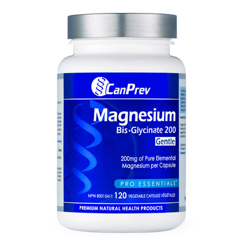 CanPrev Magnesium Bis-Glycinate 200 زجاجة لطيفة تحتوي على 120 كبسولة للحفاظ على صحة جيدة. تركيبة لطيفة من المغنيسيوم لدعم اللياقة البدنية والتغذية.