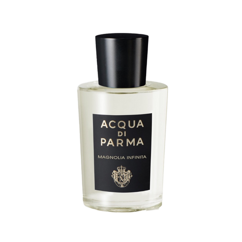 アクア ディ パルマのマグノリア インフィニタ EDP のエレガントな 180 ml ボトルは、ベルガモットとローズを使用した女性向けの洗練されたシトラス フローラルの香水を示しています。