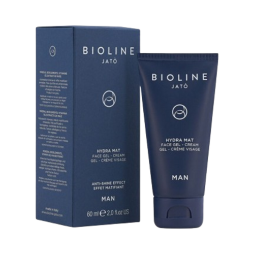 Bioline Man Hydra Mat Face Gel Cream, 60ml/2 fl oz בשפופרת ובקופסה נייבי, מיועד ללחות פנים וצוואר ולהפחתת קמטים.