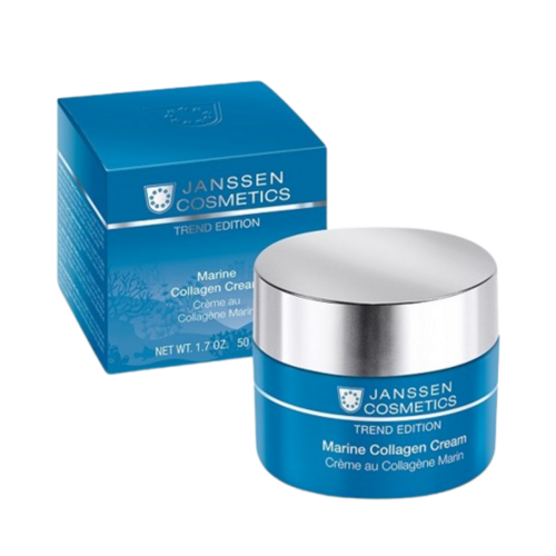 Janssen Cosmetics Cream ja laatikko sivulta. Merellinen kollageenikasvovoide kosteuttaa ja vähentää ryppyjä kasvoilla ja kaulalla.