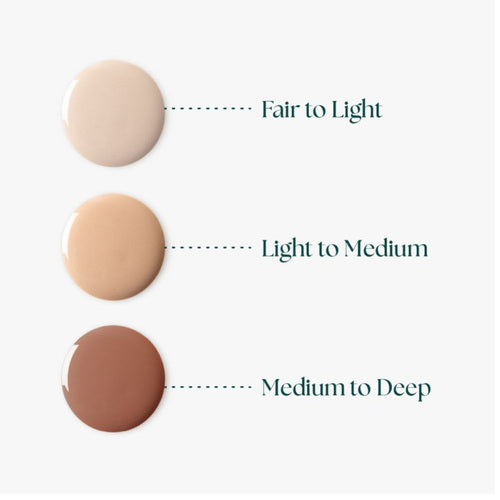 Jan Marini SPF 45 の色付き日焼け止めの色見本。色見本から明るい色、明るい色から中程度、中程度から濃い色まであり、パーソナライズされた日焼け止めを実現します。