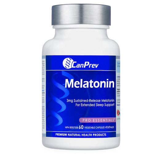زجاجة مكملة CanPrev Melatonin 3 mg Sustained Release مع ملصق Pro Essentials، توفر دعمًا ممتدًا للنوم في تنسيق 60 كبسولة.