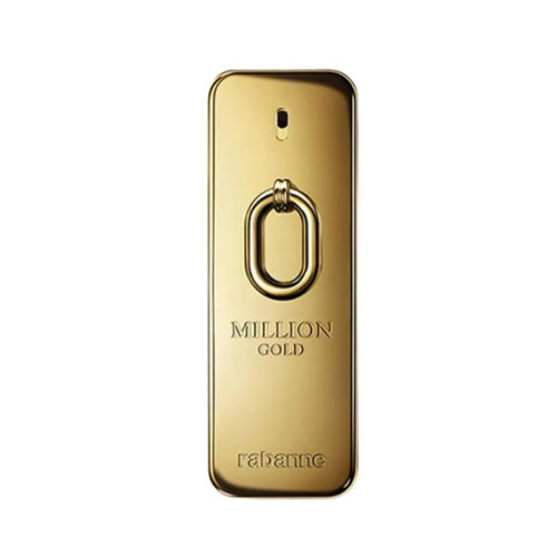 عطر Paco Rabanne Million Gold Eau de Parfum Intense في زجاجة ذهبية مع خاتم مميز، مثالي لمجموعات العطور الرجالية الفاخرة.