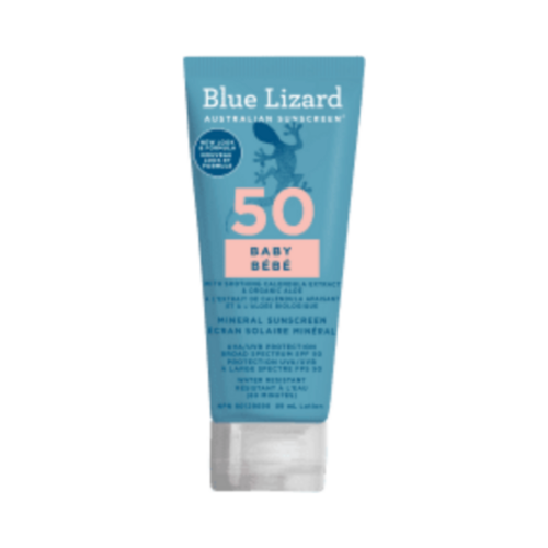 واقي الشمس Blue Lizard Baby Mineral SPF 50 في أنبوب أزرق ووردي، يوفر حماية من الأشعة فوق البنفسجية ذات أساس معدني مع أكسيد الزنك وثاني أكسيد التيتانيوم.