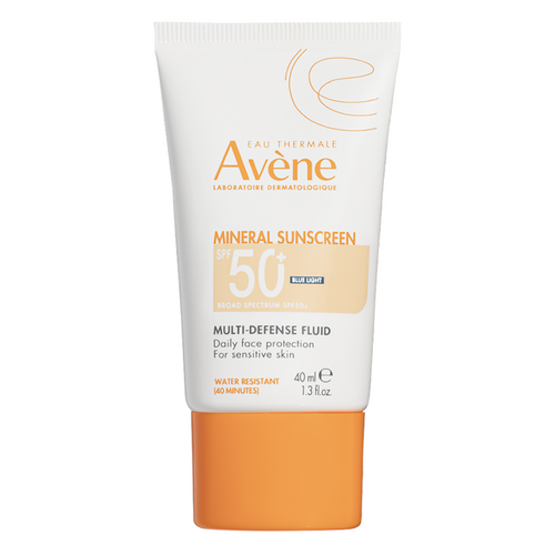 Avene Mineral Tinted Sunscreen SPF 50+ in compact 40ml packaging, designed for sensitive skin with anti-pollution and water-resistant properties.