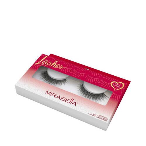 مجموعة Mirabella Mink Effect Faux Lash في علبة ذات لون أحمر، تعرض رموشًا صناعية كبيرة الحجم لتحسين مظهر العين.