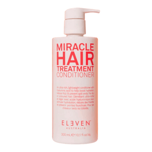 Eleven Australia Miracle Hair Conditioner with Hyaluronic Acid for hydration and frizz control in a 300ml pump bottle. Ideal for dry or colored hair.