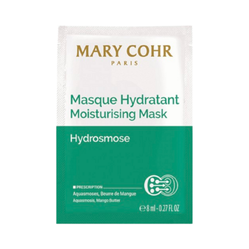 Mary Cohr Hydrating Mask 8ml sachet featuring Aquasmoses and Mango Butter, perfect for restoring moisture and softness to dry, tight skin.