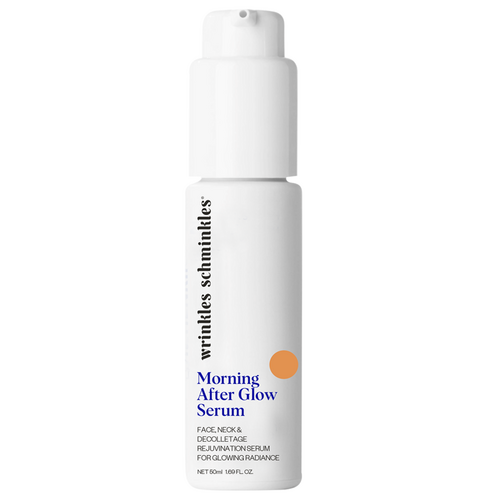Anti aging Morning After Glow Serum for face, neck, and décolletage by Wrinkles Schminkles, designed to reduce wrinkles and boost radiance.