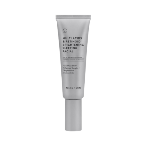 Allies of Skin Brightening Sleeping Facial con multiácidos y retinoides, diseñado para tratar la opacidad de la piel y mejorar la textura durante la noche.