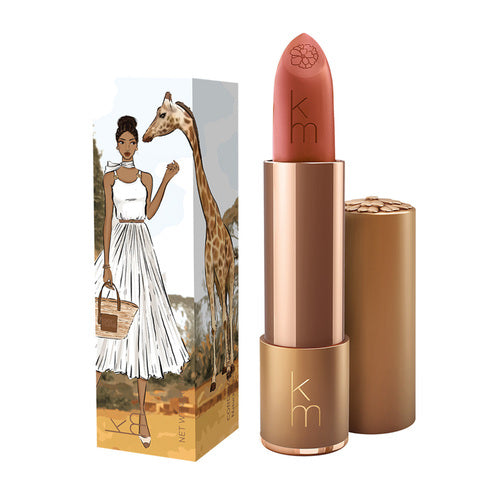 Barra de labios Karen Murrell en tono nude natural con elegante tubo dorado y caja ilustrada con una mujer y una jirafa. Tamaño de 4 ml/0,14 oz.