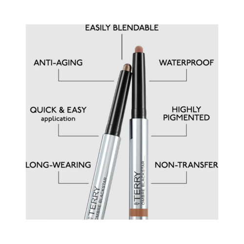لقطة مقرّبة لثنائي محدد العيون Blackstar Matte and Shine من تيري أومبر مع فوائد مُصنفة مثل مقاوم للماء وقابل للمزج وغير قابل للتحويل.