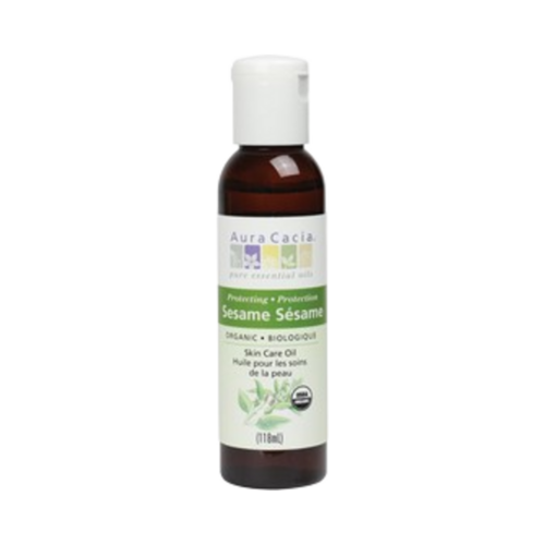 Aura Cacia オーガニック セサミ オイル 118ml ボディ用。毎日のパーソナルケアやウェルネスの儀式で肌に潤いを与え、落ち着かせるのに最適です。