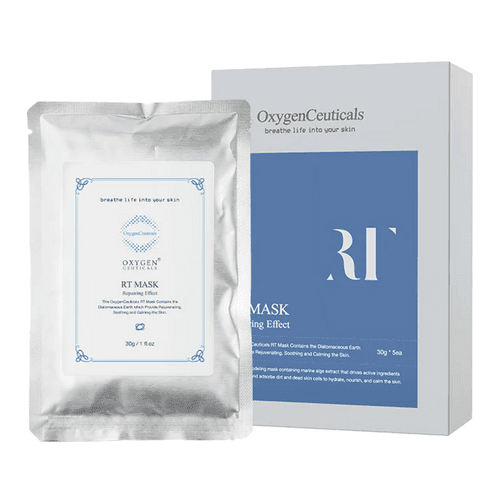 OxygenCeuticals Oxygen RT Mask i sølvpung og merkeboks, designet for hudforyngelse med hyaluronsyre og algeekstrakt.