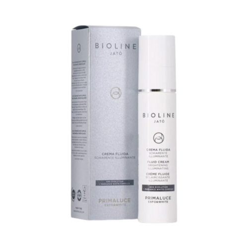 Bioline PRIMALUCE Fluid Cream Brightening Illuminating، مرطب للوجه بحجم 50 مل/1.7 أونصة سائلة معروض في صندوق بيع بالتجزئة فضي، مثالي لتفتيح البشرة.