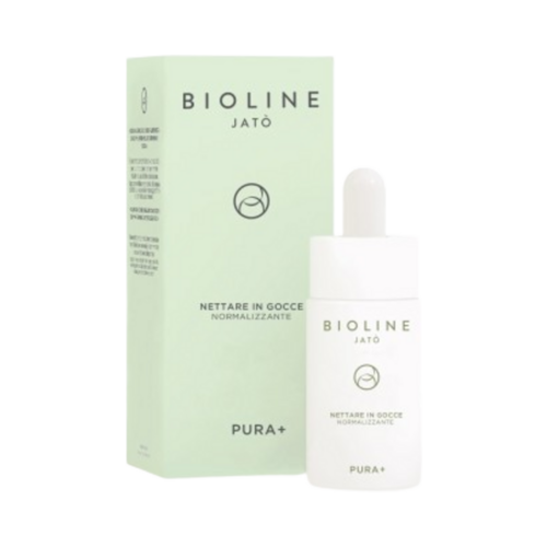 Bioline PURA+ Nectar in Drops Normalizing، مصل علاج الوجه والرقبة 30 مل في زجاجة بيضاء مع قطارة، كما هو موضح في عبوة تحمل العلامة التجارية.