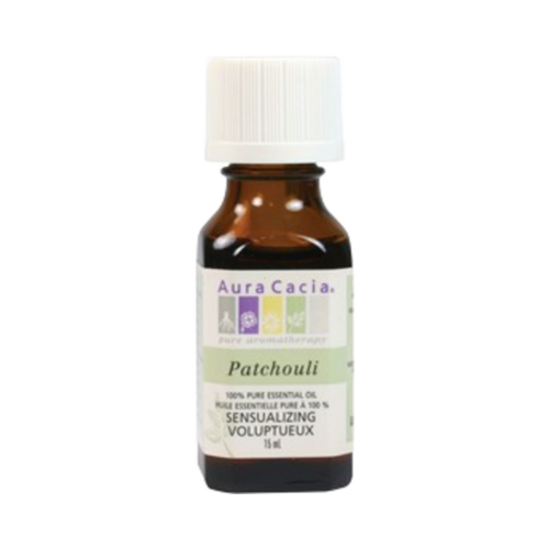Aura Cacia Patchouli Essential Oil 15ml for aromatherapy. Enhances mood, balances skin, and adds earthy scent to home decor and wellness routines.