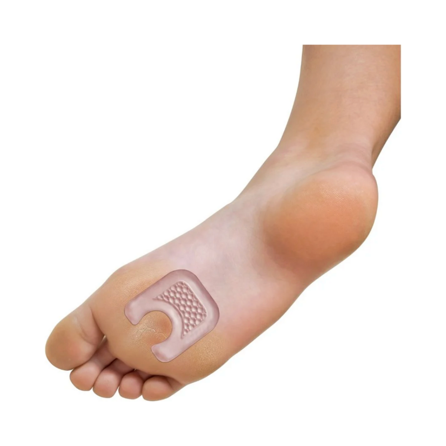 Pedi-GEL カルス パッドを足で見た拡大図。ターゲットを絞ったカルスの痛みを軽減し、快適にするための独特の U 字型とゲルの質感が強調されています。