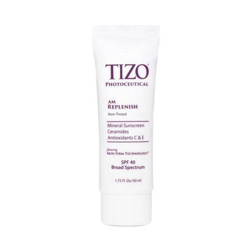 TiZO Photoceutical AM Replenish Non-Tinted FPS 40, tubo de 50g com antioxidantes C e E para reparação e hidratação da pele.