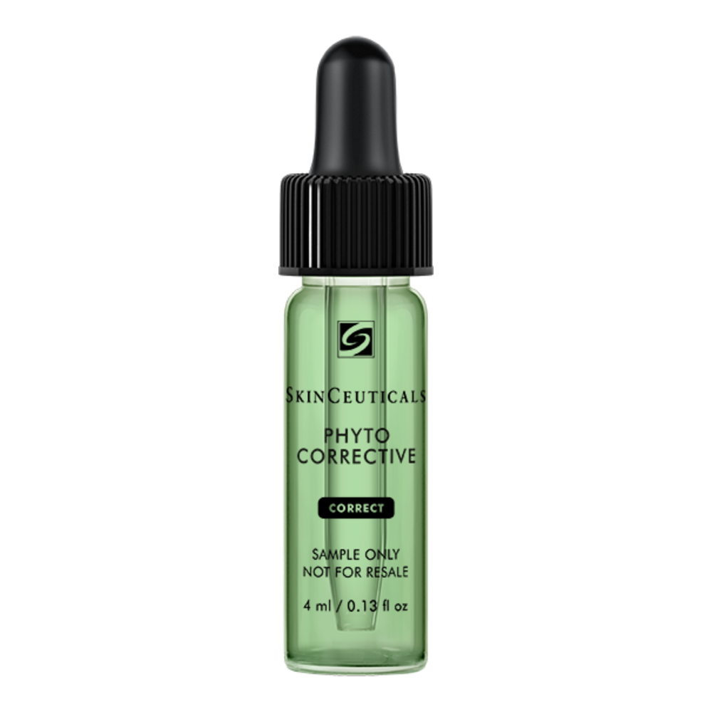 SkinCeuticals の緑がかったスポイトボトルに入った無料ギフト フィト コレクティブ ジェル。ヒアルロン酸と植物エキスをたっぷり配合したフェイスセラムトリートメント。
