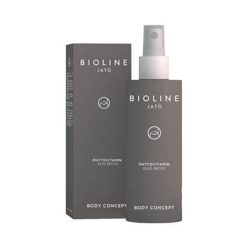 Bioline フィトビタミン ドライ オイル、ホホバとビタミン D を配合した 150 ml/5.1 液量オンス アンチエイジング ボディ オイル。ボディケア ルーチン用の小売店パッケージで表示。