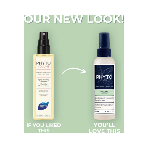 Comparación visual del envase antiguo y el nuevo de Phyto Volumizing Styling Spray. Mantiene los mismos beneficios para el cuidado del cabello que levantan las raíces y dan volumen.