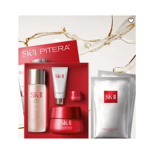 مجموعة SK-II Pitera الكاملة لمكافحة الشيخوخة في علبة هدايا حمراء تتميز بخلاصة علاج الوجه وقناع ومنظف ومرطب وكريم للعين للحصول على بشرة مشدودة.