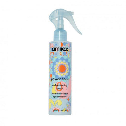 Amika Power Hour Curl Refreshing Spray for curl definition and moisture, shown in a vibrant, ergonomic spray bottle for easy application.