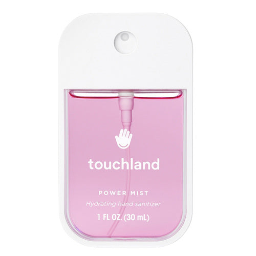 Touchland Berry Mist Hand Sanitizer with pink liquid in a minimalist spray bottle. Perfect for daily hand hygiene with a fruity, refreshing scent.