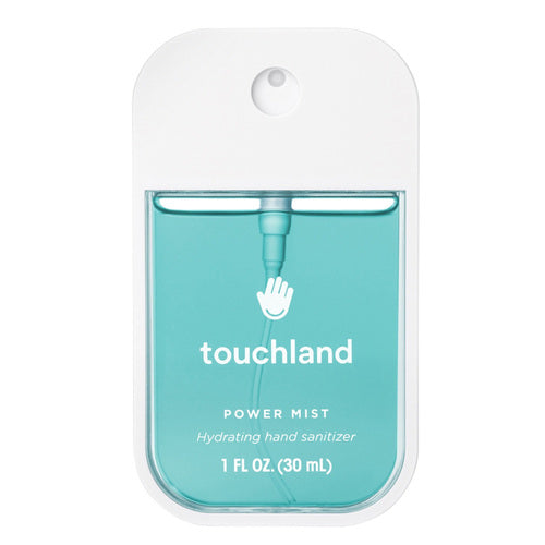 Touchland Blue Sandalwood Power Mist Hand Sanitizer, 1 fl oz portable spray with hydrating formula for personal hand hygiene and freshness.