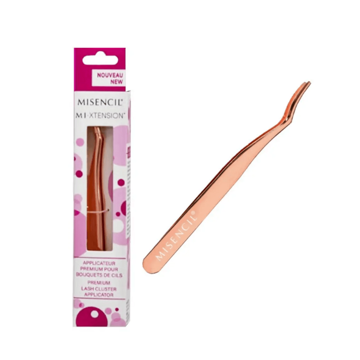 أداة تطبيق Misencil Lash Cluster MI-XTENSION باللون الذهبي الوردي مع طرف مائل لوضع إطالة الرموش بشكل دقيق. مثالية للالتصاق طويل الأمد.