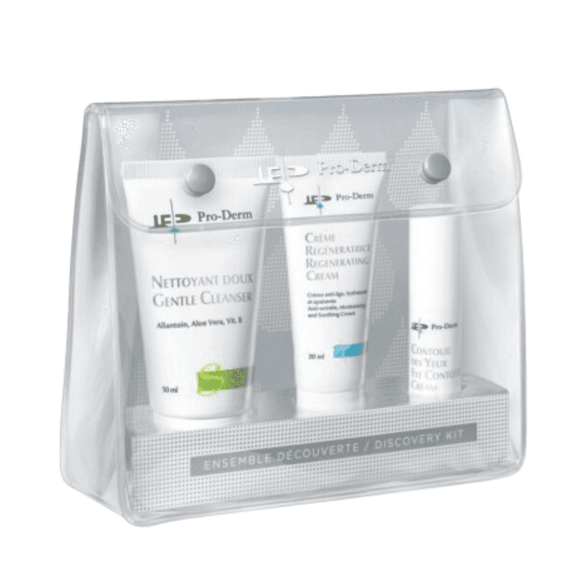 ProDerm Discovery Kit - エッセンシャル フェイシャル ケアには、穏やかなクレンザー、再生クリーム、アイ コンター ジェルが透明なトラベル ポーチに入っています。