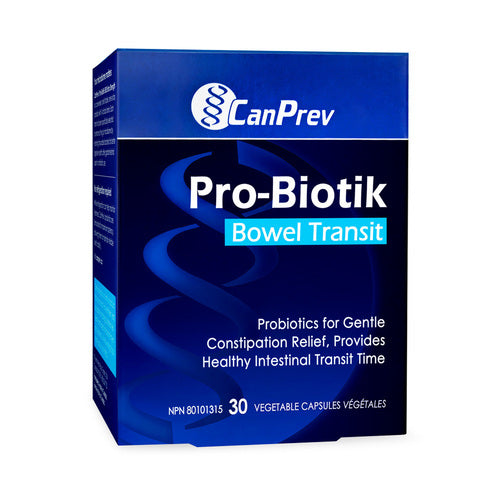 Φυτικό συμπλήρωμα CanPrev Pro-Biotik Bowel Transit με προβιοτικά για ήπια ανακούφιση από τη δυσκοιλιότητα και βελτιωμένη εντερική διέλευση, συσκευασία 30 καψουλών.
